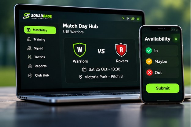 SquadBase Match Day Hub on a laptop and availability on a phone
